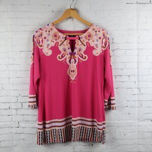 JM COLLECTION PINK PAISLEY FLORAL 3/4 SLEEVE TUNIC TOP SIZE MEDIUM